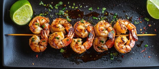 Poster - Shrimp skewers served with flatbread and lime. with copy space image. Place for adding text or design