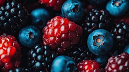 Poster - Close-up of a handful of ripe, juicy berries, featuring a mix of red, blue, and black fruits, perfect for a fresh and healthy snack.