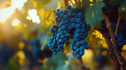 Canvas Print - Close-up of blue grapevines in a vineyard, with green leaves and sunlight adding a natural touch.