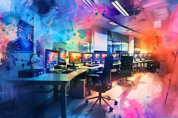 Canvas Print - Abstract Watercolor Painting of an Office Interior with Computers and Desk.