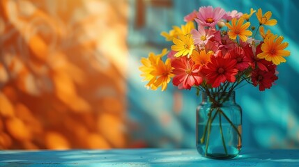 Wall Mural - A vibrant bouquet of colorful flowers in a glass vase on a bright background