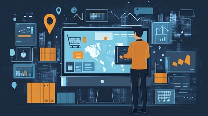 Man working on online store interface with world map, charts, and shopping cart icons.