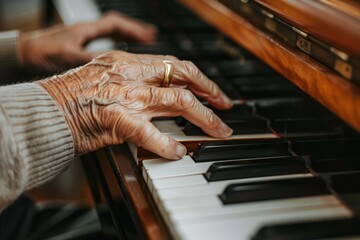 Wall Mural - Close-up of Elderly Hands Playing Piano.