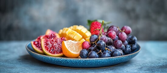 Poster - Still life featuring fresh Israeli fruits on a blue ceramic plate A vibrant image of succulent fruit. with copy space image. Place for adding text or design