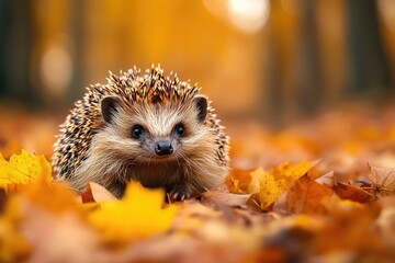 Wall Mural - Hedgehog walking through a forest covered with autumn leaves