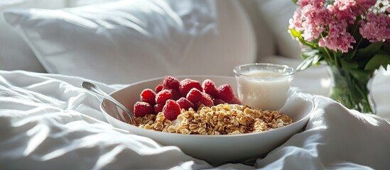 Nutritious Breakfast in Bed. with copy space image. Place for adding text or design