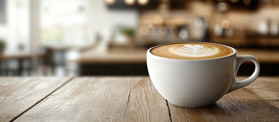 Aufkleber - Hot cappuccino in a white cup on a wooden table with copyspace Latte art on a coffee backdrop