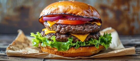 Poster - Beef burger or cheeseburger in a wooden container. with copy space image. Place for adding text or design