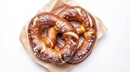 two salted pretzels on brown paper on white background