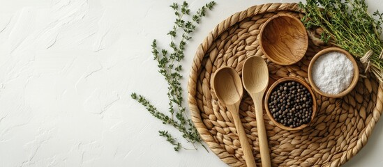 Aufkleber - Kitchen arrangement featuring a wicker tray wooden spoons black pepper and fresh thyme on a light backdrop Top view Copy space