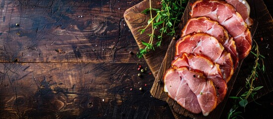 Poster - Homemade smoked ham sliced pork on a wooden surface copy space