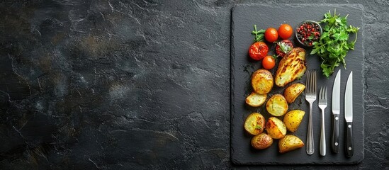Fototapete - Top view of an empty slate board featuring a fork and knife accompanied by roasted potatoes and vegetables on a black surface. with copy space image. Place for adding text or design