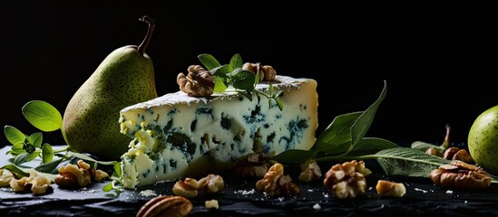 Aufkleber - Blue cheese with walnuts pear and greens against a black background Copy space
