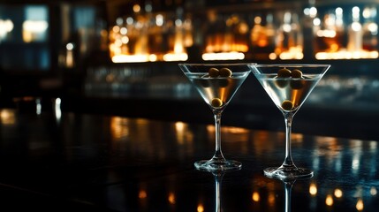 Two martinis, garnished with olives, rest on a sleek bar as soft lights create a cozy atmosphere for an enjoyable night out