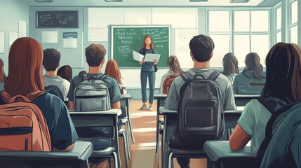Aufkleber - Students listening to a teacher in a classroom.