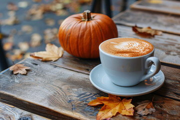 pumpkin latte on wooden table and autumn leaves