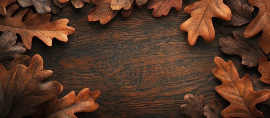 Fototapete - oak leaves on dark wood. with copy space image. Place for adding text or design