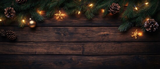 Poster - Christmas Decor on a Wooden Background. with copy space image. Place for adding text or design