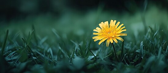 Poster - Yellow flower in the green grass Dandelion flowers with copyspace Yellow flower in a minimalist style
