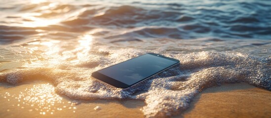Poster - smartphone on the shore. with copy space image. Place for adding text or design