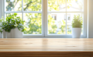 Wall Mural - Wooden kitchen table with background of window for product display