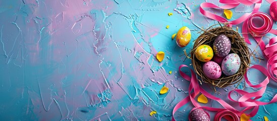 Poster - Colorful Easter eggs a bunny and ribbons banner Top view with copyspace Happy Easter decoration backdrop featuring vibrant hand painted decorated eggs Spring festive symbols Holiday still life image