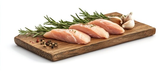 Aufkleber - Raw chicken breast fillet on a wooden board accompanied by rosemary and garlic poultry meat Isolated on a white background. with copy space image. Place for adding text or design