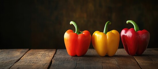 Poster - Three vibrant bell peppers are placed on the wooden table The photo features dark tones of yellow red and orange capsicums. with copy space image. Place for adding text or design