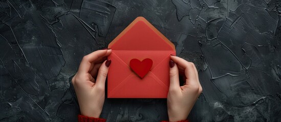Aufkleber - Female hands take out and send or receive a red heart shaped card from an envelope against a black background top view copy space