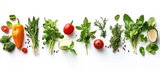 Aufkleber - A variety of fresh vegetables and herbs on a white background. with copy space image. Place for adding text or design