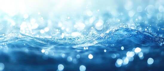 Aufkleber - Defocused blurred transparent blue water surface texture with splashes and bubbles Stylish abstract natural background Sunlit water waves featuring copyspace Shimmering blue watercolor