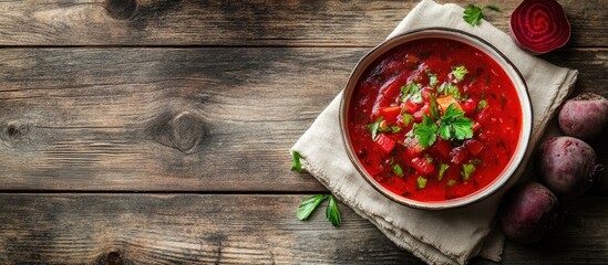 Aufkleber - Ukrainian beetroot soup borscht placed on a napkin on a wooden surface. with copy space image. Place for adding text or design