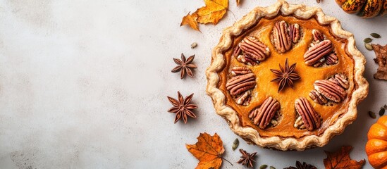 Poster - Savory pumpkin pie featuring pecan nuts pumpkin seeds anise stars and decorative elements on a light concrete background Top view Copy space