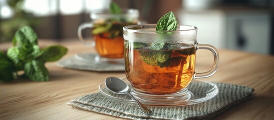 Aufkleber - Hot herbal mint tea served in glass mugs with a spoon on a saucer and a fabric placemat on a wooden table selective focus copyspace