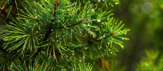 Aufkleber - Raindrops on Scots pine needles with a selective focus and shallow depth of field. with copy space image. Place for adding text or design