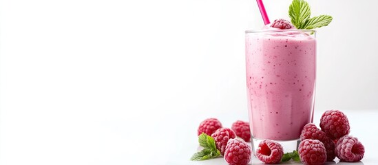 Poster - Homemade organic fresh raspberry smoothie with fermented kefir yogurt ayran lassi milky product for a dieting breakfast in a glass on a white background with copy space for text A healthy summer frui