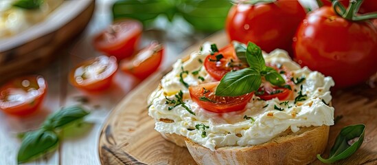 Mascarpone cheese spread on French bread accompanied by tomato juice. with copy space image. Place for adding text or design