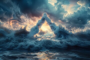 Dramatic seascape featuring crashing waves and geometric triangle shape under moody sky with storm clouds, waves triangle shape symbolizing enigmatic aura of Bermuda Triangle