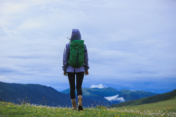 Wall Mural - Woman hiker on beautiful flowering grassland mountain top