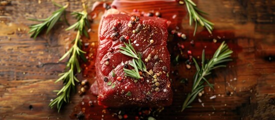 Aufkleber - Raw beef on the bone steak seasoned with spices barbecue marinade red sauce Traditional cuisine uncooked meat on a board. with copy space image. Place for adding text or design