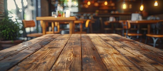 Aufkleber - Selected focus on an empty brown wooden table with a blurred background of a coffee shop or restaurant featuring bokeh effect suitable for your photomontage or product display. with copy space image