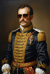 Renaissance-style painting portrait of a count in royal attire wearing sunglasses, Generative AI