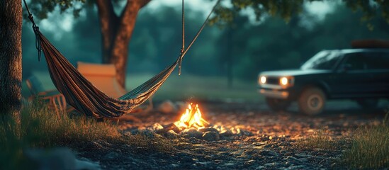 Aufkleber - Perspective of a camping site featuring a hammock and a campfire in the background SUV off road lifestyle. with copy space image. Place for adding text or design