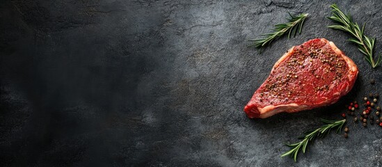 Poster - One raw steak seasoned with spices and rosemary on a stone background leaving room for your text. with copy space image. Place for adding text or design