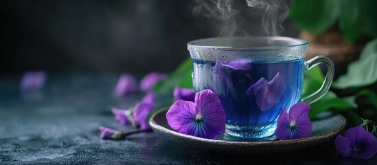 Poster - Butterfly pea flower tea against a dark backdrop. with copy space image. Place for adding text or design