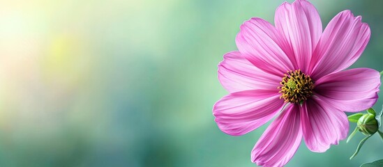 Fototapete - Beautiful pink blooming cosmos flower in macro Stunning close up of the flower Vibrant plant against a green background with copy space featuring vivid petals Prominent pistil and stamens