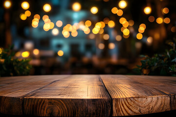 Wall Mural - background of wooden table in front of abstract blurred restaurant lights