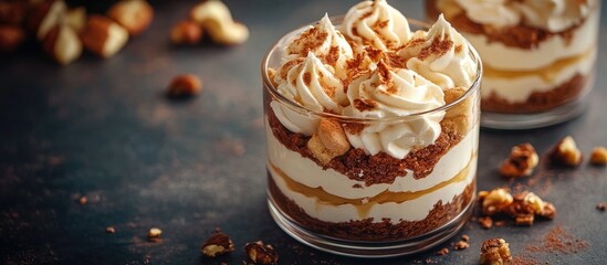 Trifle A homemade layered dessert featuring biscuits and cream cheese mascarpone or yogurt combined with chocolate and nuts in a glass Tiramisu Cheesecake A dessert for connoisseurs Selective focus a