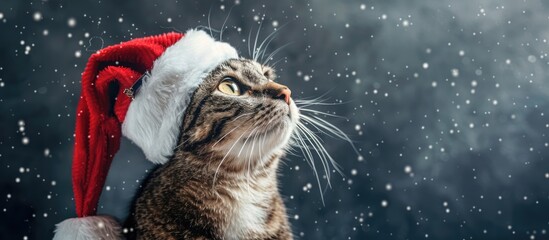 Aufkleber - Cute cat wearing a Santa Claus hat Domestic kitten dressed for winter holidays Studio image of a delightful cat in a Christmas hat Amusing cat portrait with Santa cap Festive cat