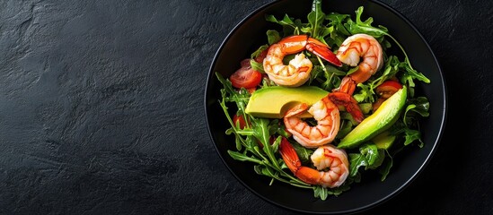 Avocado Shrimp Salad on a black stone background copyspace A healthy green salad featuring shrimp prawns avocado and arugula